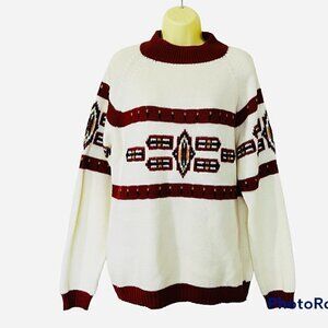 VINTAGE Aztec Hand Knitted Fisherman Winter CabinCore Chunky White SweaterXlarge